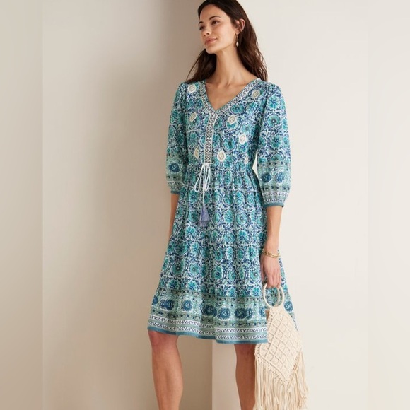Soft Surroundings Nerisa Embroidered Printed Dress | Blue Batik Style | Size M - Picture 2 of 16